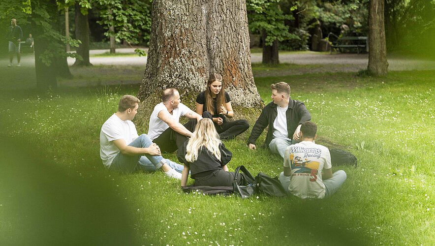 Eine Gruppe Studierender sitzt gemeinsam im Ringpark.